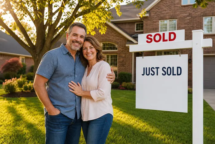 Happy couple celebrating in front of their sold home