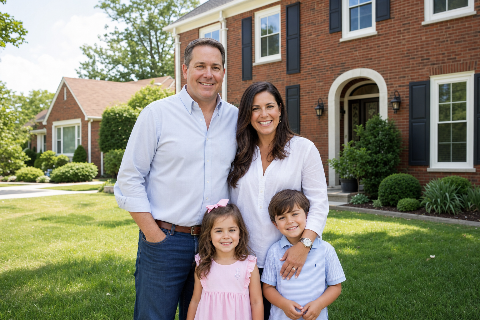 Happy family outside their home